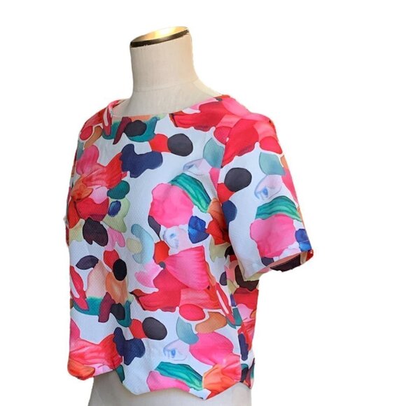 Shein Bright Floral Watercolors Crop Top Sz L Scalloped Hem 256F - Picture 2 of 8